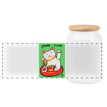 EG cat I tier I waving cat I lucky charm - Panoramic Cookie Jar with Wooden Lid - white - Front