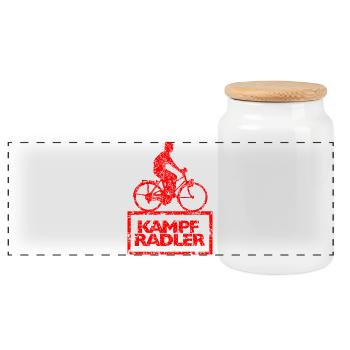 Kampfradler Fahrrad Anhänger Fahrradfahrer Sticker - Panorama Keksdose mit Holzdeckel - Weiß - Vorne