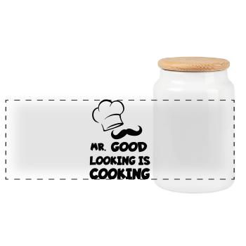 Mr good looking is cooking. Cooking Hero with Humor # - Panoramic Cookie Jar with Wooden Lid - white - Front