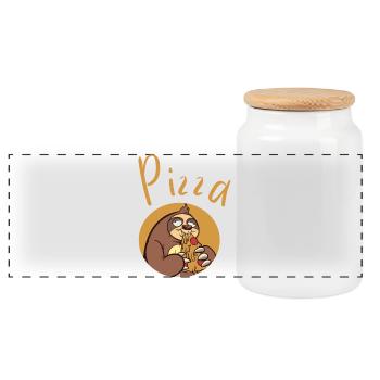 Fun sloth with pizza - Panoramic Cookie Jar with Wooden Lid - white - Front
