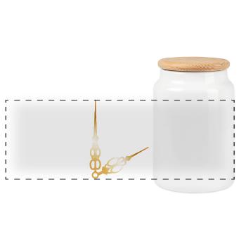golden big and small clock hands - Panoramic Cookie Jar with Wooden Lid - white - Front