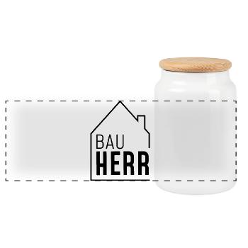 Bauherr mit Haus - Panorama Keksdose mit Holzdeckel - Weiß - Vorne