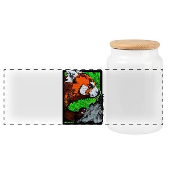 Red panda climbs on rock (Colorful) - Panoramic Cookie Jar with Wooden Lid - white - Front
