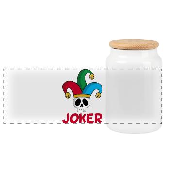 Joker and skull - Panoramic Cookie Jar with Wooden Lid - white - Front