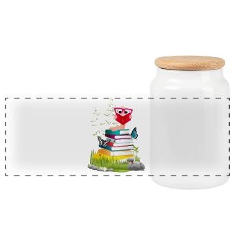Knowledge-thirsty bookworm while reading a book - Panoramic Cookie Jar with Wooden Lid - white - Front
