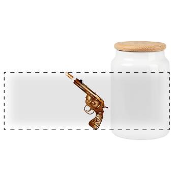 richly decorated steampunk revolver with cartridge - Panoramic Cookie Jar with Wooden Lid - white - Front