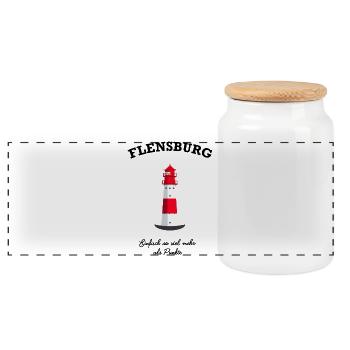 Flensburg Leuchtturm Falshöft, Mehr als Punkte - Panorama Keksdose mit Holzdeckel - Weiß - Vorne