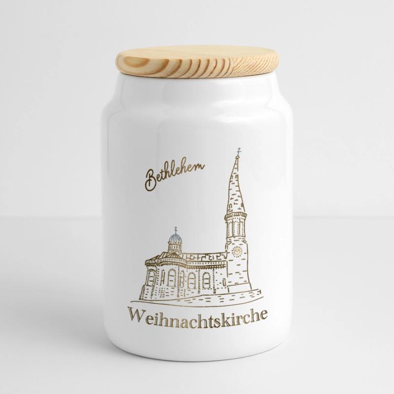 Weihnachtskirche Bethlehem, handgezeichnet Panorama Keksdose mit Holzdeckel