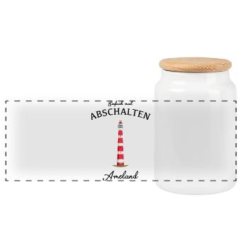 Ameland Leuchtturm Bornrif, Einfach mal abschalten - Panorama Keksdose mit Holzdeckel - Weiß - Vorne