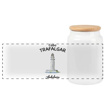 Trafalgar Lighthouse, Andalusia, Spain - Panoramic Cookie Jar with Wooden Lid - white - Front