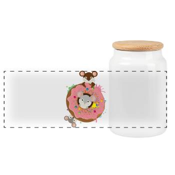 three cute mice and a donut with pink glaze - Panoramic Cookie Jar with Wooden Lid - white - Front