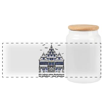 Paderborn , Lustiger Spruch, historisches Rathaus - Panorama Keksdose mit Holzdeckel - Weiß - Vorne