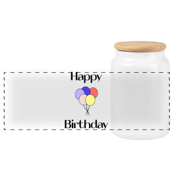 HAPPY BIRTHDAY. HAPPY BIRTHDAY. ANNIVERSARY. - Panoramic Cookie Jar with Wooden Lid - white - Front