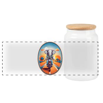 Elephant on motorcycle - Panoramic Cookie Jar with Wooden Lid - white - Front