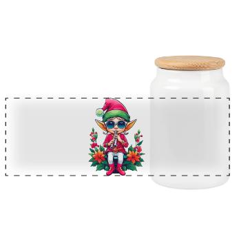 Christmas Elf with Flute - Panoramic Cookie Jar with Wooden Lid - white - Front