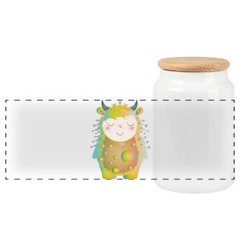 niedliches pastellfarbenes Monster mit Hörner - Panorama Keksdose mit Holzdeckel - Weiß - Vorne