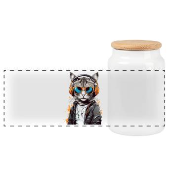 Cat DJ avec casque - Boîte à biscuits avec couvercle en bois - blanc - Devant