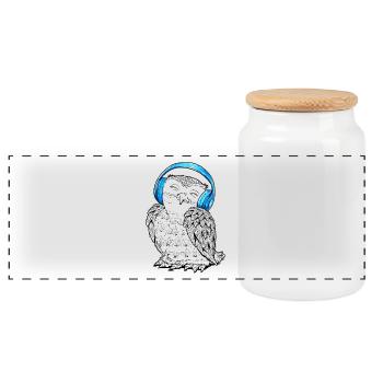 Hibou avec écouteurs - Boîte à biscuits avec couvercle en bois - blanc - Devant