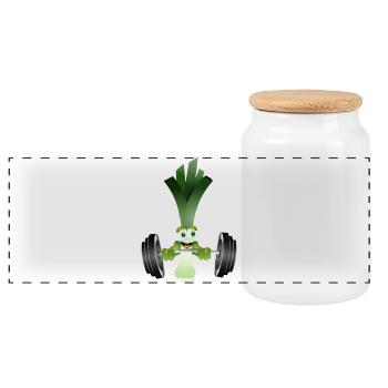 A stick of leeks with a dumbbell while exercising - Panoramic Cookie Jar with Wooden Lid - white - Front