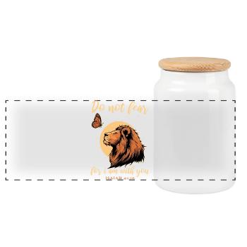 Lion, Butterfly, Bible Verse, Christian - Panoramic Cookie Jar with Wooden Lid - white - Front
