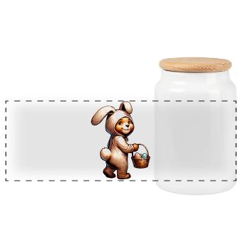 Osterhase Bär – Süßes Plüschtier mit Eierkorb - Panorama Keksdose mit Holzdeckel - Weiß - Vorne