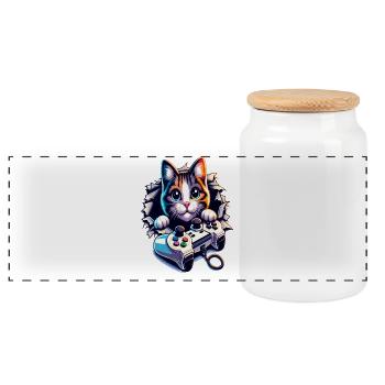 Katzen-Gamer mit Controller - Panorama Keksdose mit Holzdeckel - Weiß - Vorne