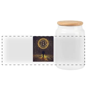 Digital Bitcoin Forest Scene - Panoramic Cookie Jar with Wooden Lid - white - Front