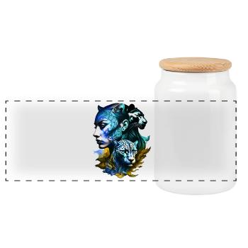 Leopard with a legendary female face - Panoramic Cookie Jar with Wooden Lid - white - Front