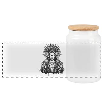 Mutter Gottes Maria als Punk mit Lederoutfit - Panorama Keksdose mit Holzdeckel - Weiß - Vorne