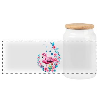 Eleganter Flamingo mit tropischen Blumen. - Panorama Keksdose mit Holzdeckel - Weiß - Vorne