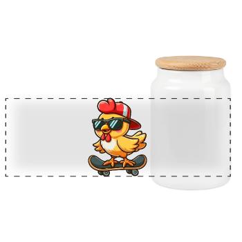 Huhn Henne Hahn Skateboard Comic Cartoon - Panorama Keksdose mit Holzdeckel - Weiß - Vorne