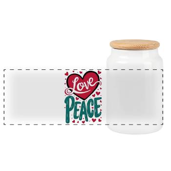 Love and Peace Heart Design - Panoramic Cookie Jar with Wooden Lid - white - Front