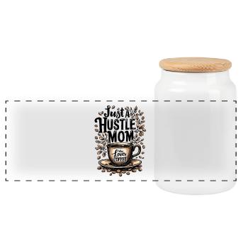 Just A Hustle Mom Who Loves Coffee - Panoramic Cookie Jar with Wooden Lid - white - Front