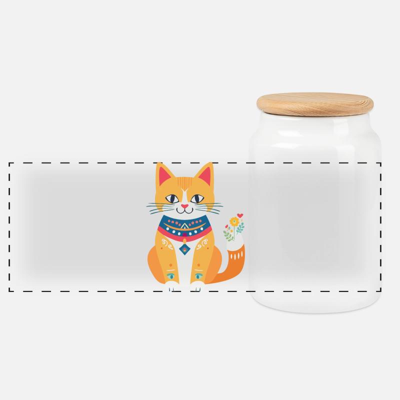 süße Folklore-Katze - Panorama Keksdose mit Holzdeckel - Weiß