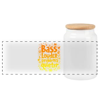 BASS LOUDER, PROBLEMS QUIETER, MUSIC - Panoramic Cookie Jar with Wooden Lid - white - Front