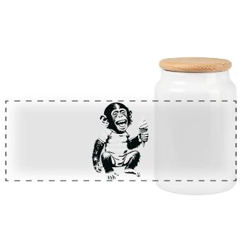 Playful Monkey with IceCream Design - Panoramic Cookie Jar with Wooden Lid - white - Front