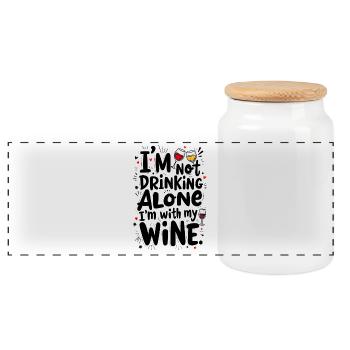 ICH TRINKE NICHT ALLEINE, ICH BIN MIT MEINEM WEIN - Panorama Keksdose mit Holzdeckel - Weiß - Vorne
