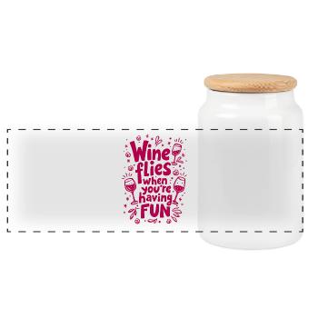 DER WEIN FLIEGT, WENN MAN SPASS HAT - Panorama Keksdose mit Holzdeckel - Weiß - Vorne