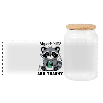 My Social Skills Are Trashy Cute Raccoon - Panoramic Cookie Jar with Wooden Lid - white - Front