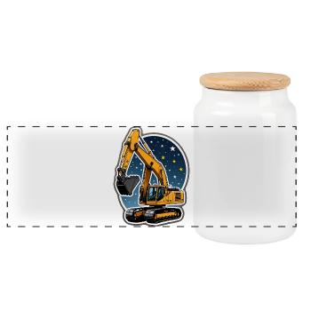 Glowing excavator and starry sky - Panoramic Cookie Jar with Wooden Lid - white - Front