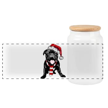 Mignon Frenchie avec chapeau et écharpe de Père Noël - Boîte à biscuits avec couvercle en bois - blanc - Devant
