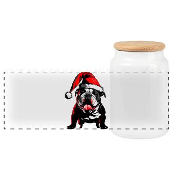 Niedlicher Frenchie mit Weihnachtsmütze - Panorama Keksdose mit Holzdeckel - Weiß - Vorne