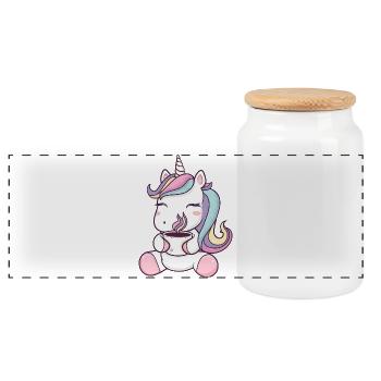 Licorne mignonne avec tasse à café - Dessin animé fantaisiste - Boîte à biscuits avec couvercle en bois - blanc - Devant