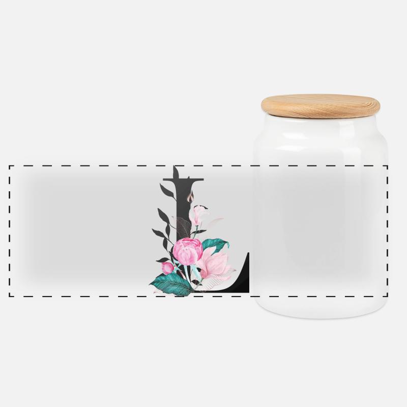 Elegant letter 'L' with flowers - Panoramic Cookie Jar with Wooden Lid - white