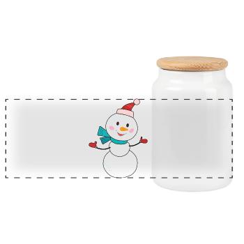 Snowman Cartoon - Panoramic Cookie Jar with Wooden Lid - white - Front