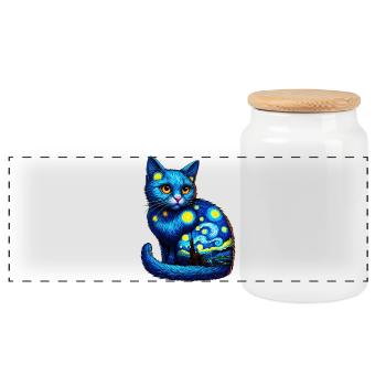 Cat - Panoramic Cookie Jar with Wooden Lid - white - Front
