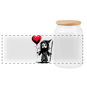 Odin with Heart Balloon - Heartful Creatures - Panoramic Cookie Jar with Wooden Lid - white - Front