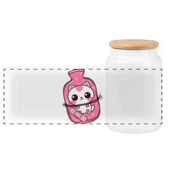 Kawaii Katze mit Wärmflasche - Gute Besserung - Panorama Keksdose mit Holzdeckel - Weiß - Vorne