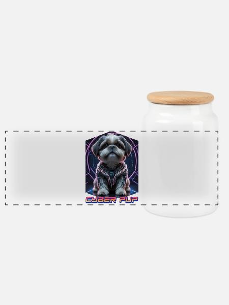 Cyber Pup Shih Tzu Dog - Panoramic Cookie Jar with Wooden Lid - white