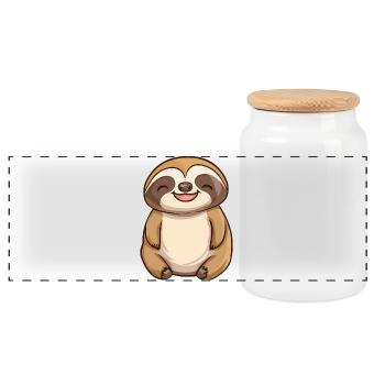 Cute Relaxed Happy Sloth - Adorable Cartoon Design - Panoramic Cookie Jar with Wooden Lid - white - Front